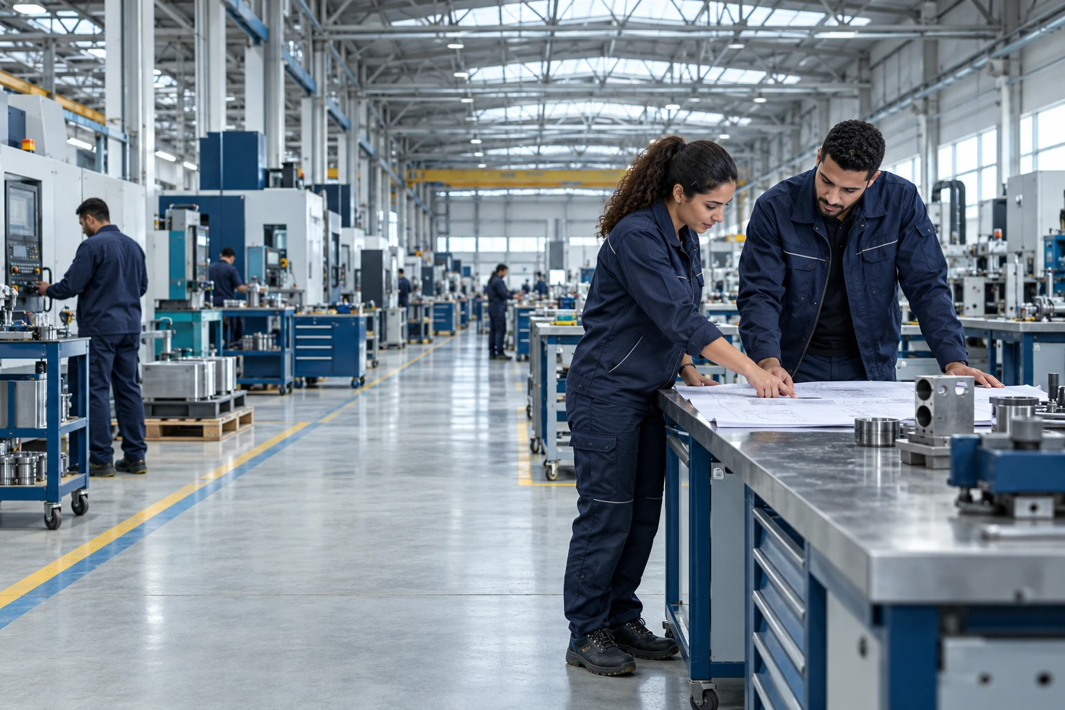 Illustration de deux professionnels étudiant un plan dans un atelier industriel